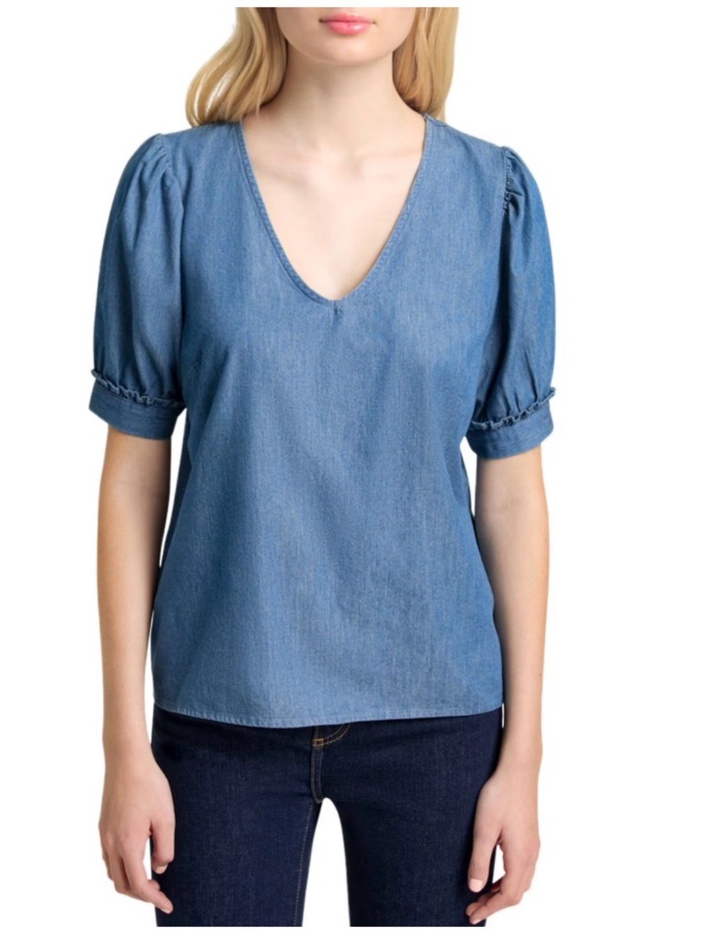 Draper James Chambray V-Neck Puff Sleeve Top — Light Blue‎